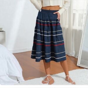 Kenar Vintage Prairie Style Chambray Tiered Skirt Red Silver Rick Rack Size XXS*